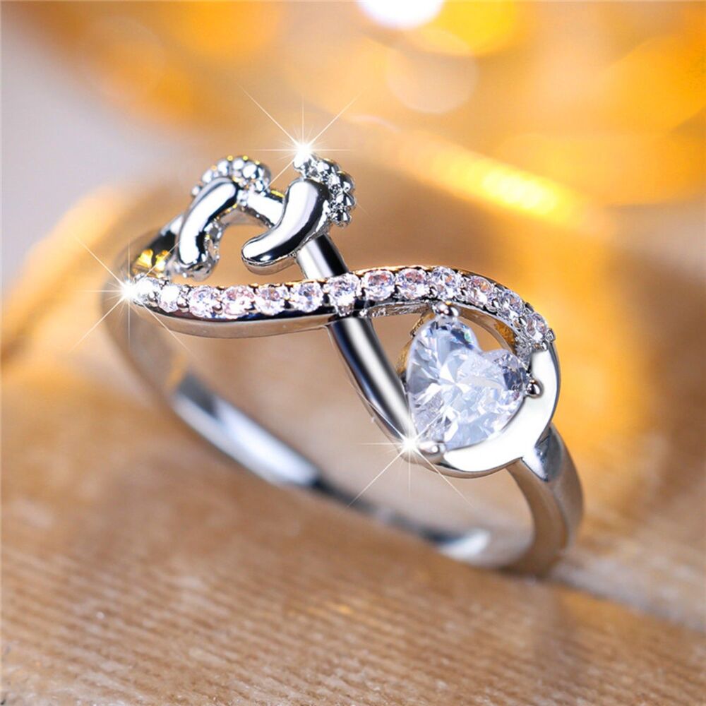 White Zircon New Mom Baby Footprints Infinity Ring – S925 Sterling Silver